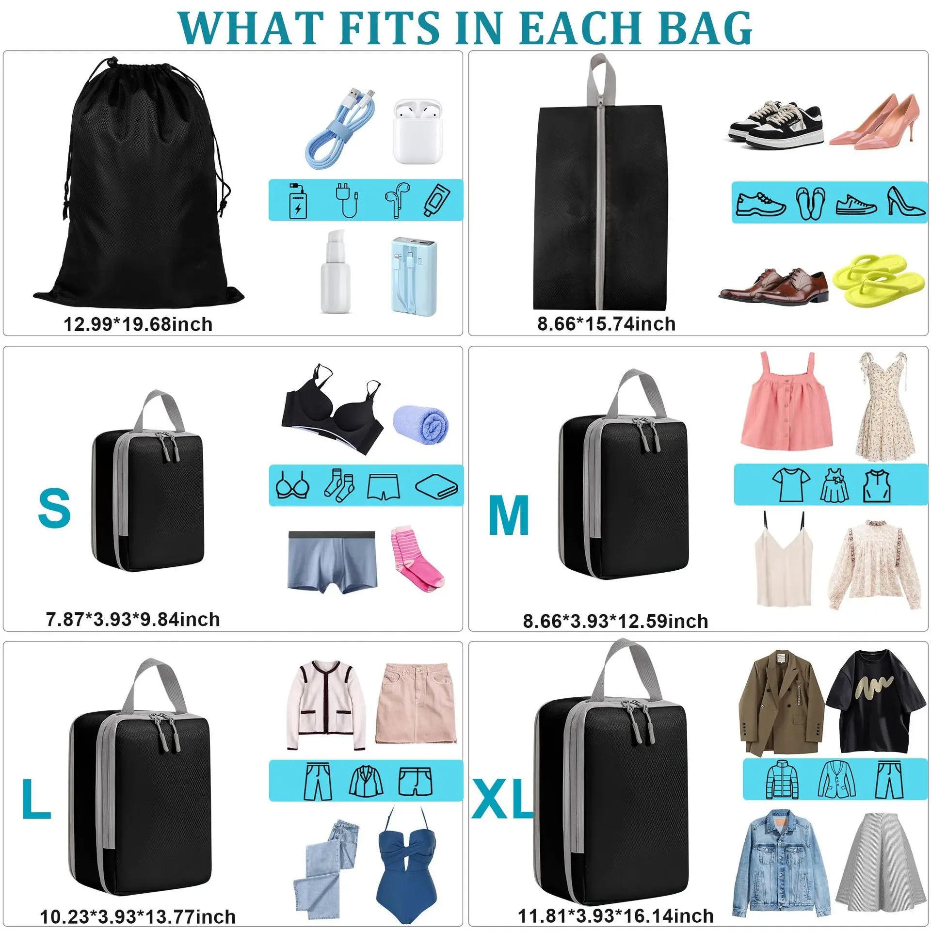 Compressible Waterproof Packing Cubes Portable Travel Luggage Handbag Storage Organizer Set