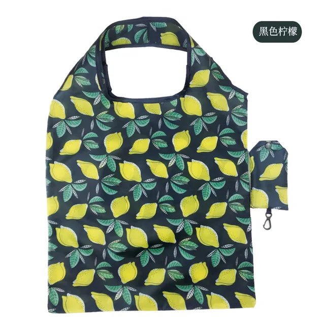 Foldable Reusable Grocery Tote Bag Lemon Print Travel Beach Pouch
