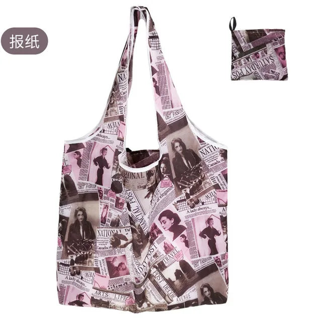 Foldable Reusable Grocery Tote Bag Lemon Print Travel Beach Pouch