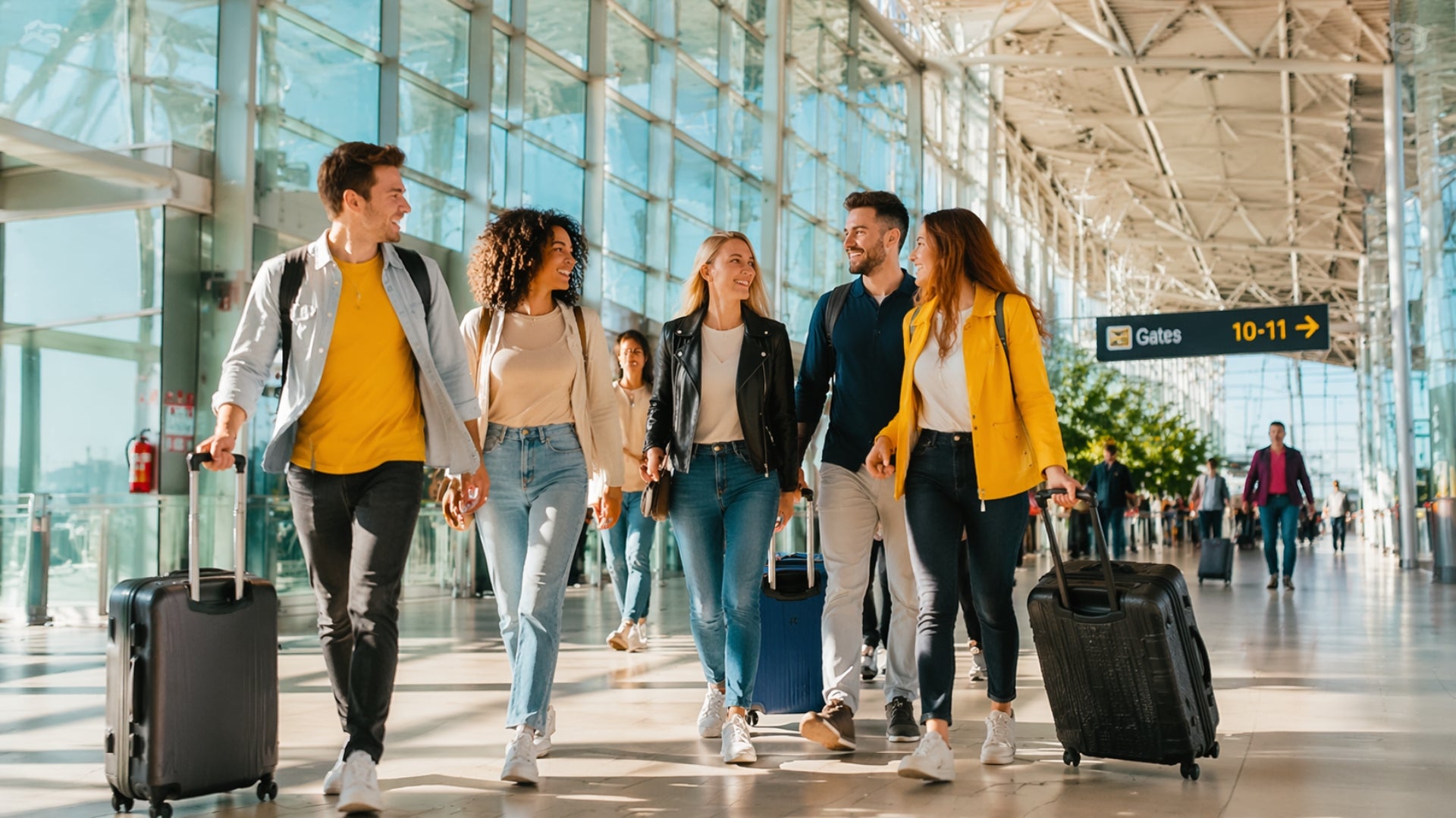 Group of people with luggage walking through an airport terminal