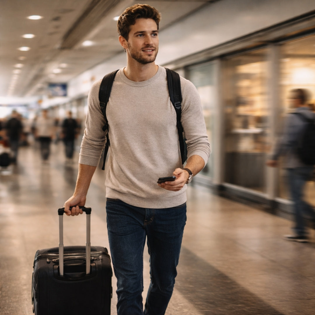 Man with a suitcase and backpack walking through an airport terminal.