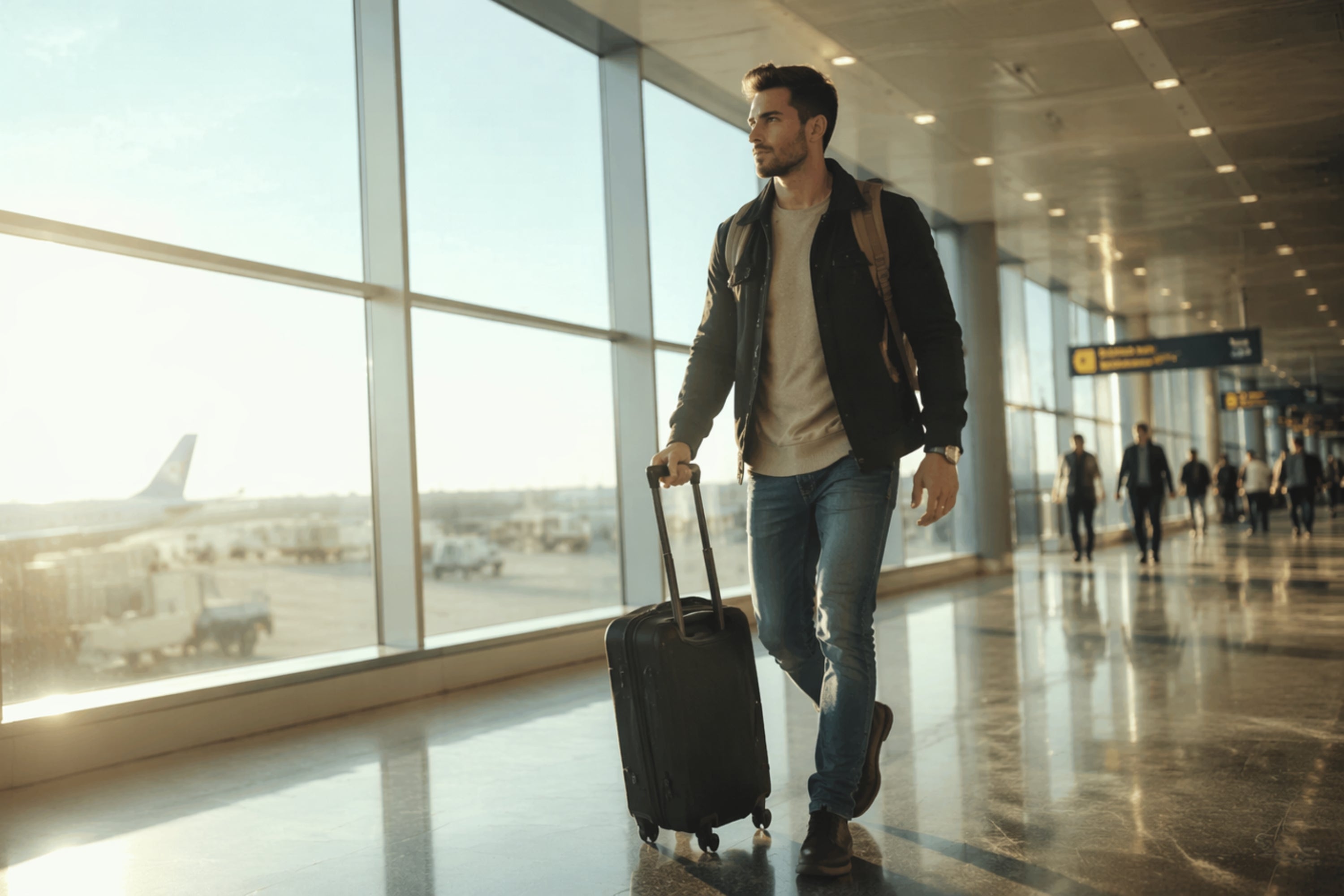 Man with a suitcase walking through an airport terminal