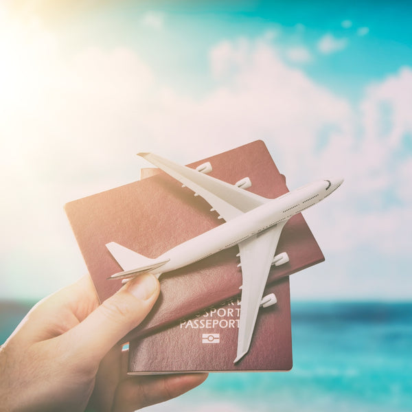 Hand holding a model airplane over two passports with a beach and sky background