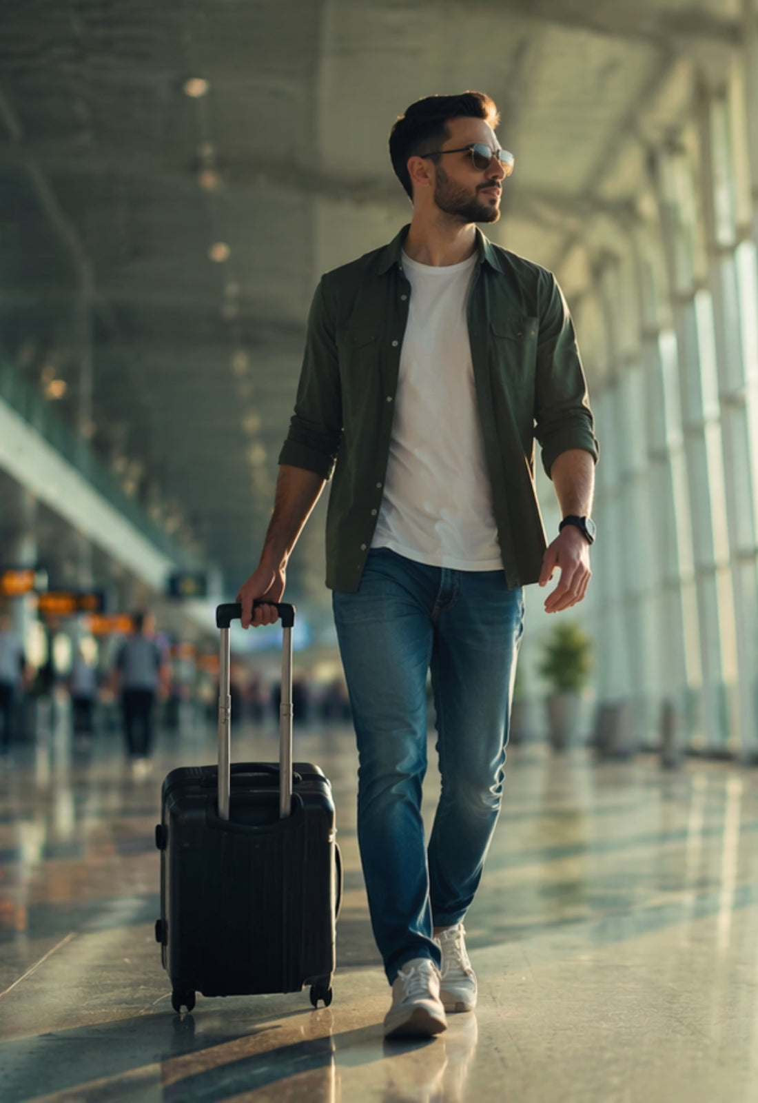 Man walking with a suitcase in an airport terminal