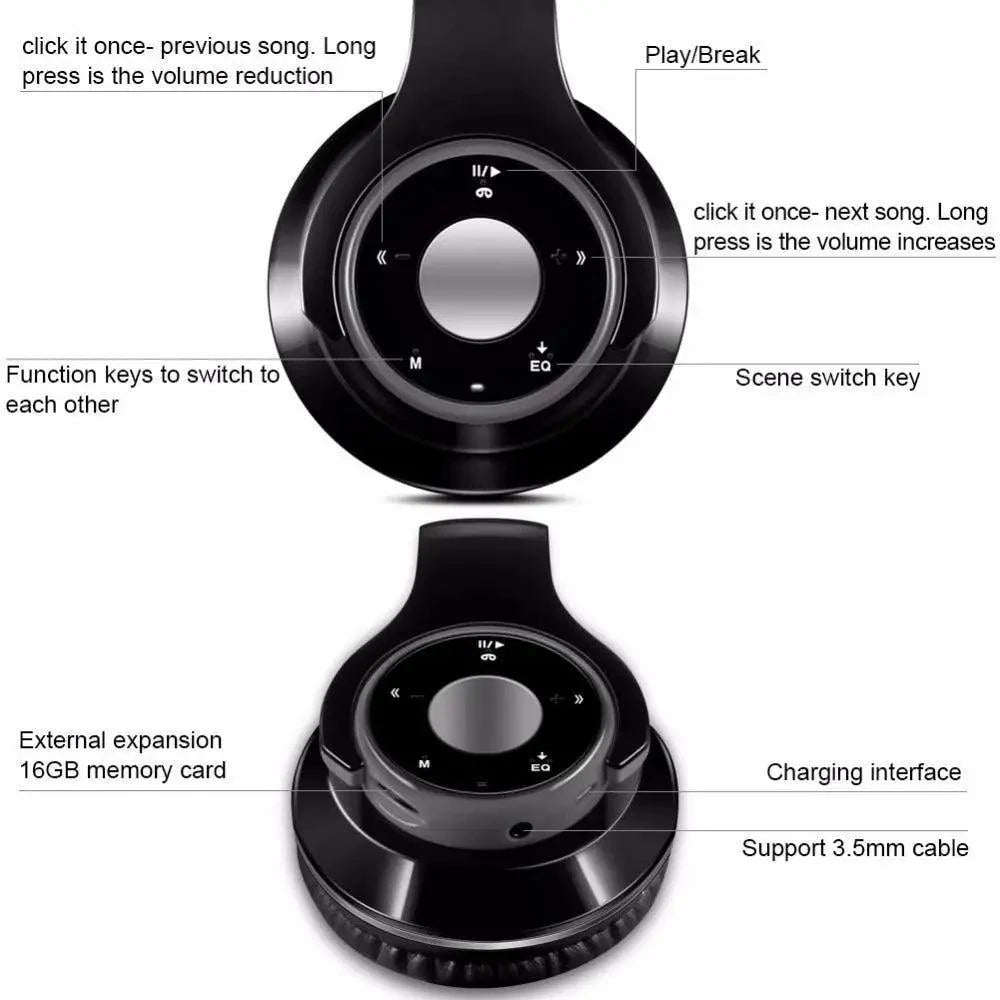 Wireless Bluetooth Foldable Headphones with FM Radio TF Card MP3 Support