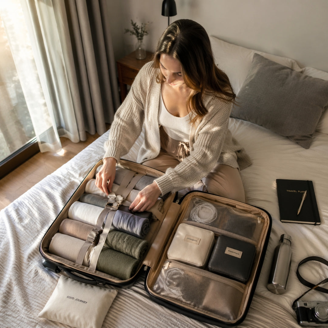 Woman packing a suitcase on a bed in a bedroom