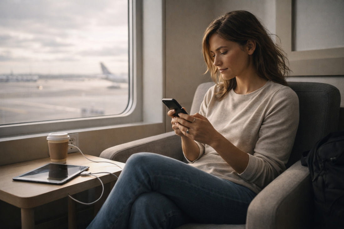Woman sitting by a window at an airport, using her phone.
