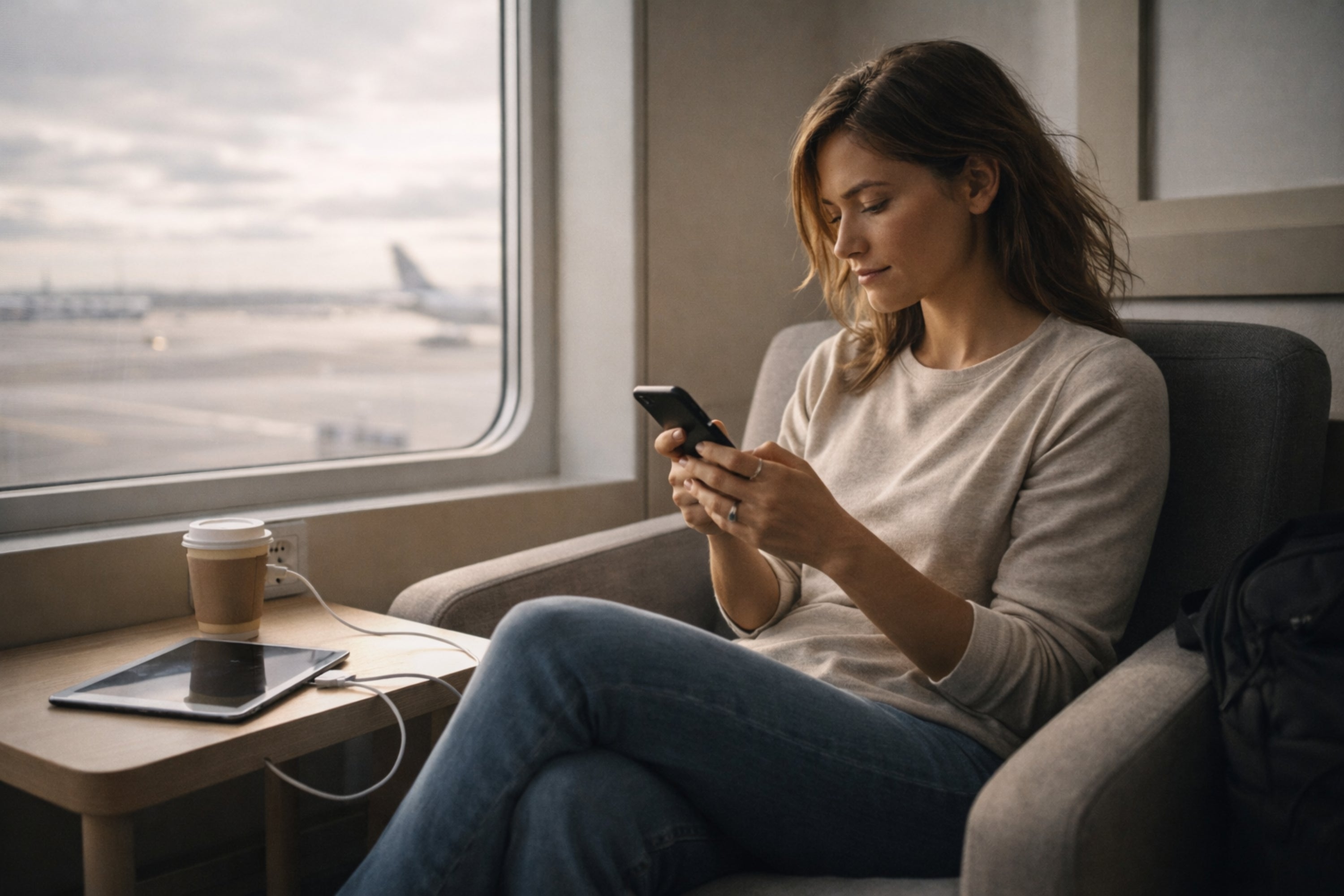 Woman sitting by a window at an airport, using her phone.